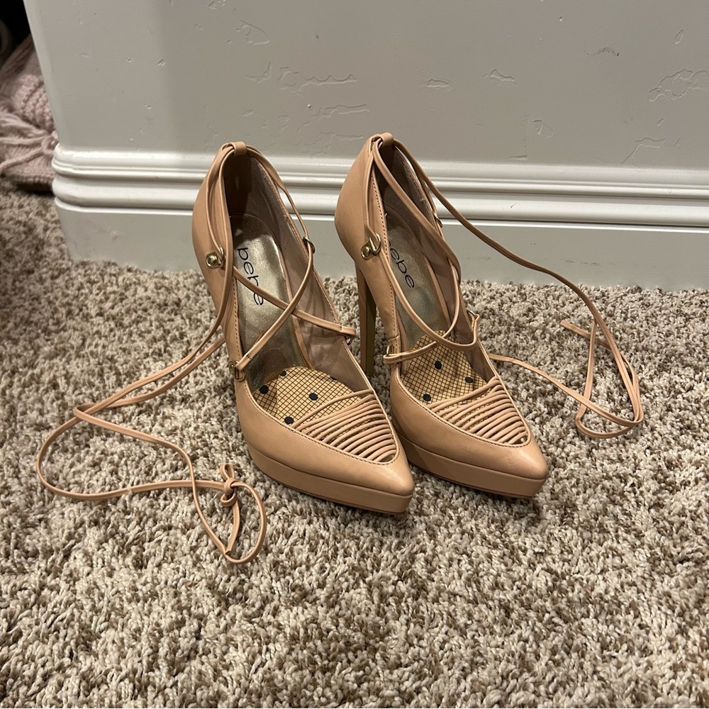 bebe Nude Tan Lace-Up Pointed Toe Heels